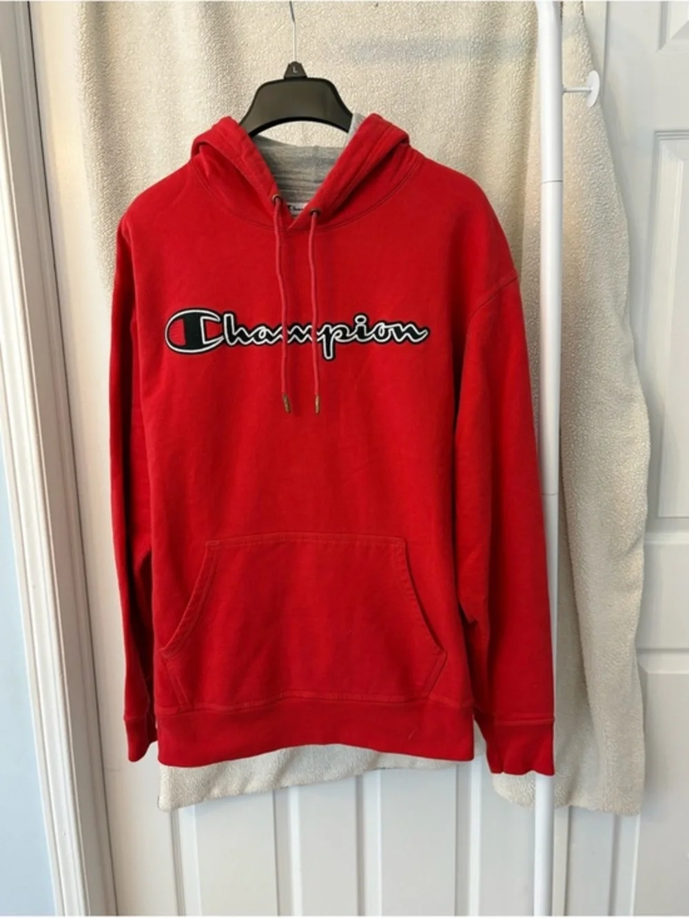 Champion Red Logo Hoodie Sweatshirt Size Large Cotton - Picture 2 of 13